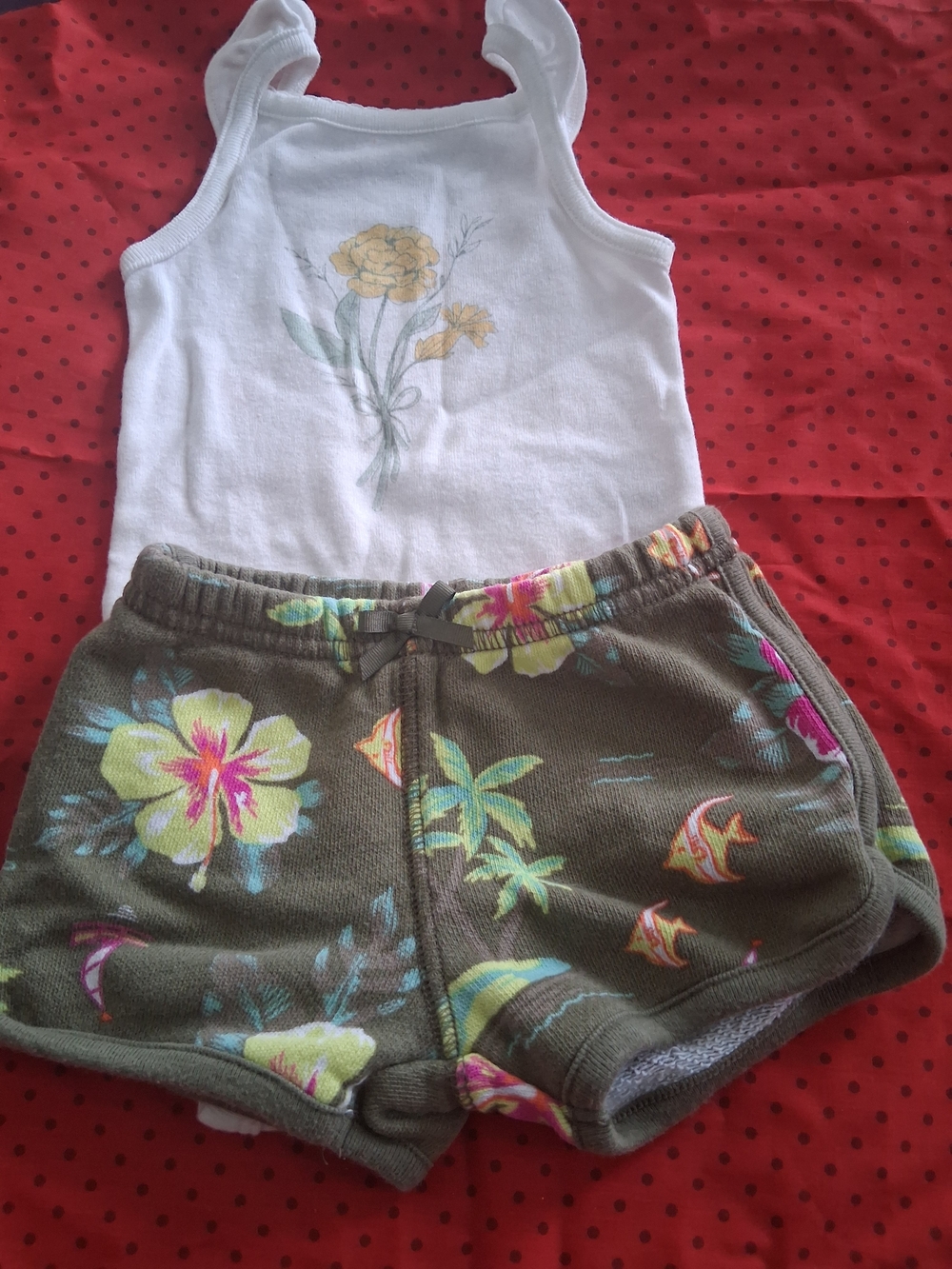 Carter's White Tank Top and Olive Floral Shorts Set